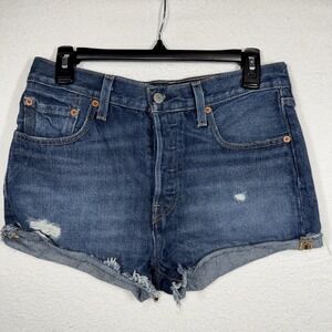 Levis 501 Premium Shorts Womens 28 Blue High Rise Distressed Cutoff Denim